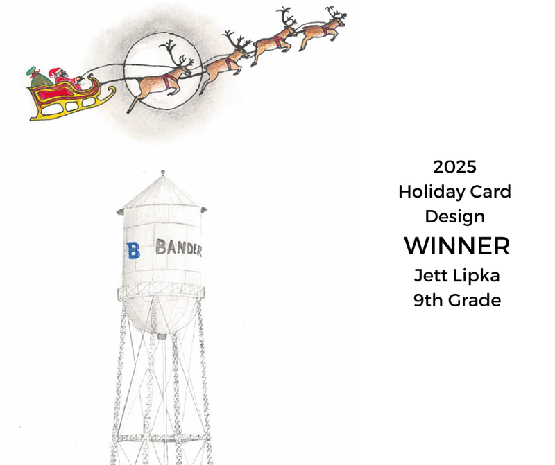 water tower and santa flying over holiday card winner