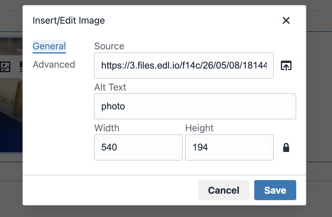 A screenshot of an image editing interface with fields for source and alt text.