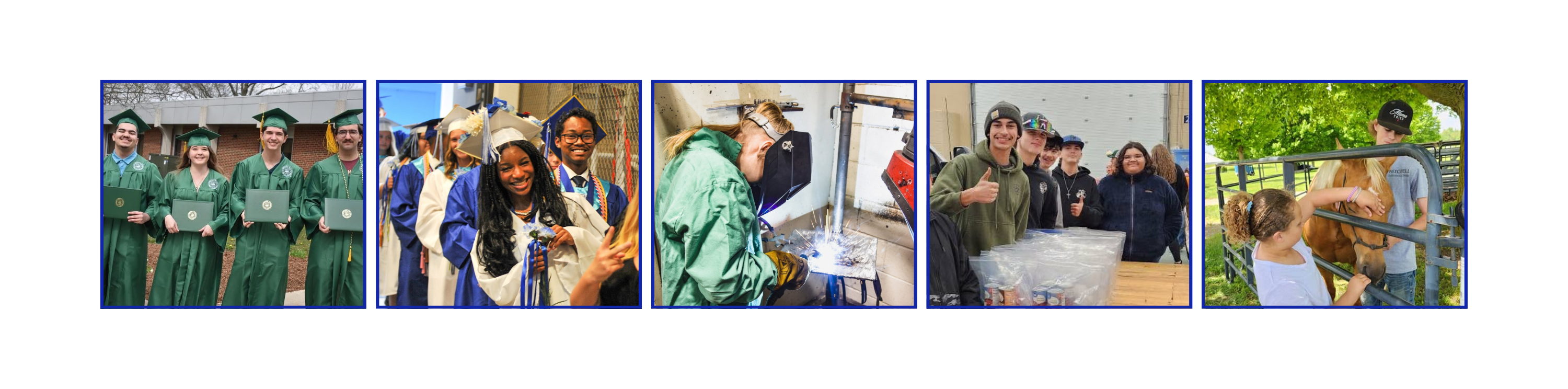 graduates in caps and gowns, students in class doing projects