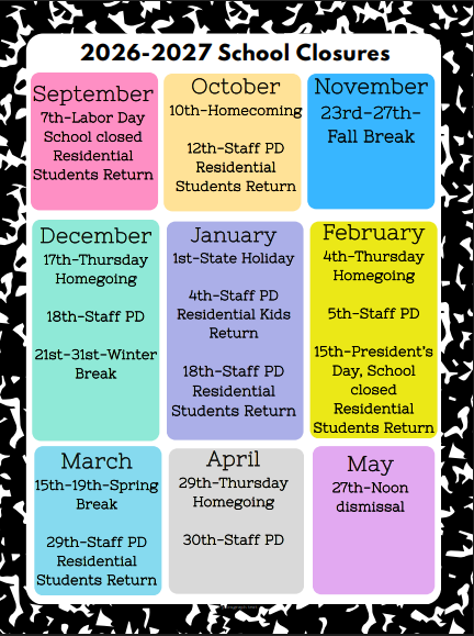Calendar of school closures for the 2026-2027 academic year.