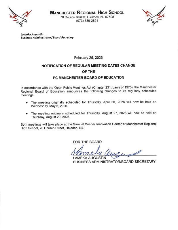 Legal Notice - NOTIFICATION O F REGULAR MEETING DATES CHANGE