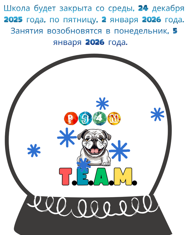 Russian- A cartoon snow globe contains a smiling bulldog, colorful snowflakes, and the word TEAM.