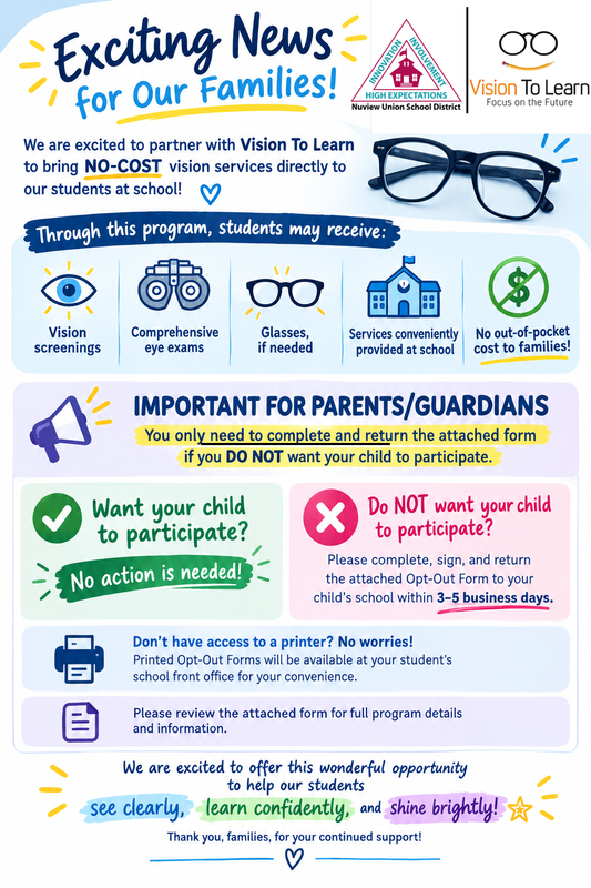 Nuview SD Vision To Learn program flyer. Free eye exams and glasses at school. Action needed only if opting out.