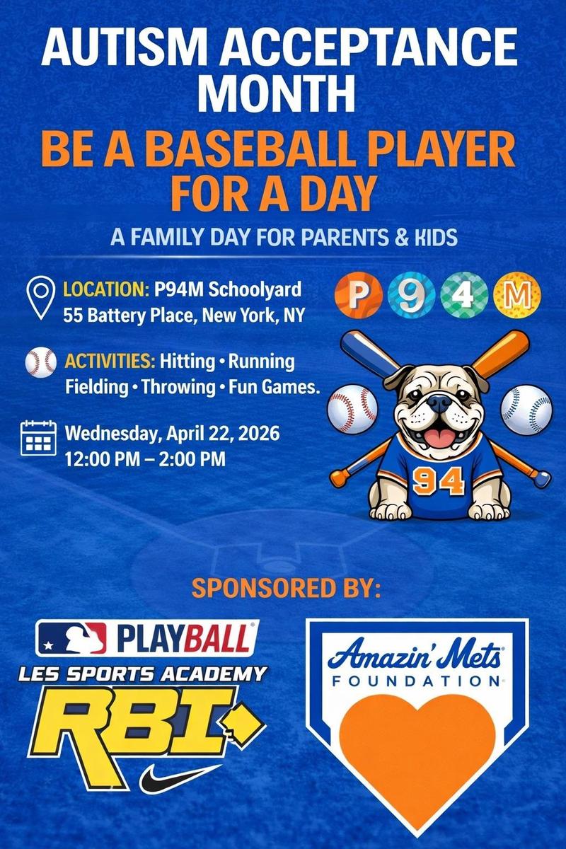 English- Blue and orange background with P94M, Amazing Mets, and MLB Logo