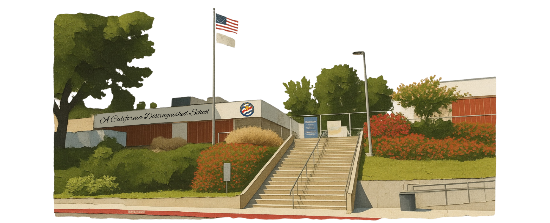 A California Distinguished School building with steps, flag, and landscaped area.