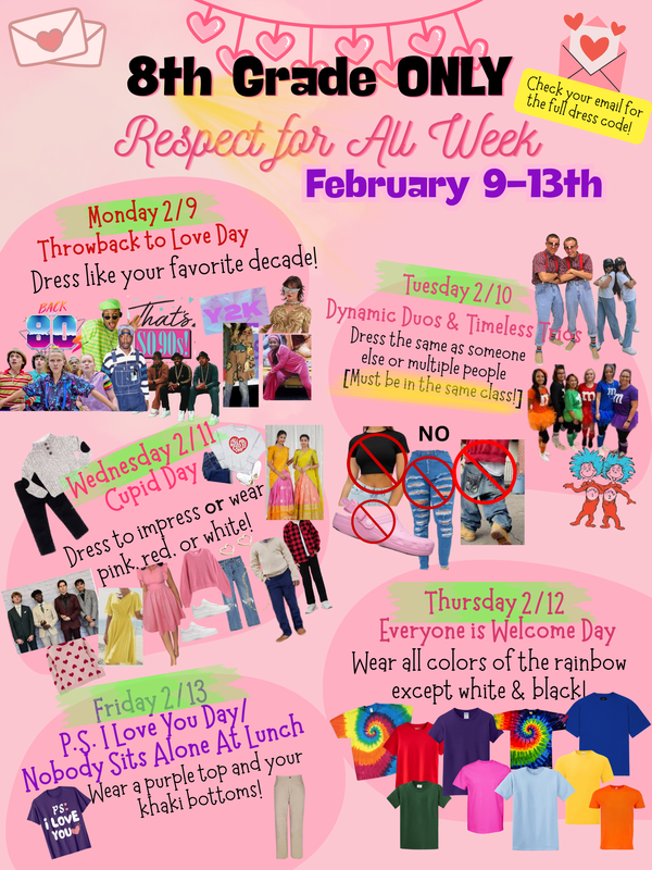 Spirit Week Flyer for 8th grades with each day's attire