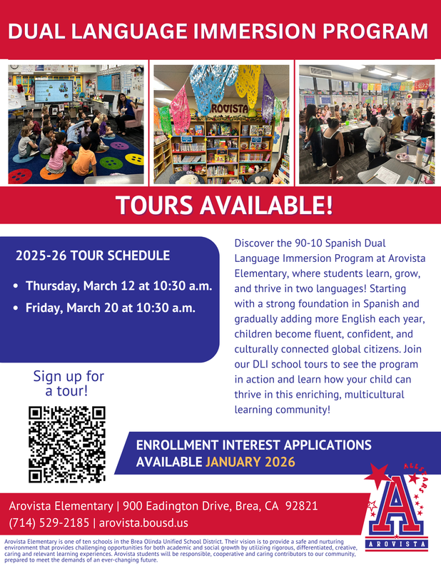 a flyer with photos of Arovista Elementary DLI classes and information about upcoming tours