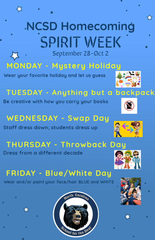 Digital Flier for NCSD Homecoming Spirit Week with Text only content and visual graphics