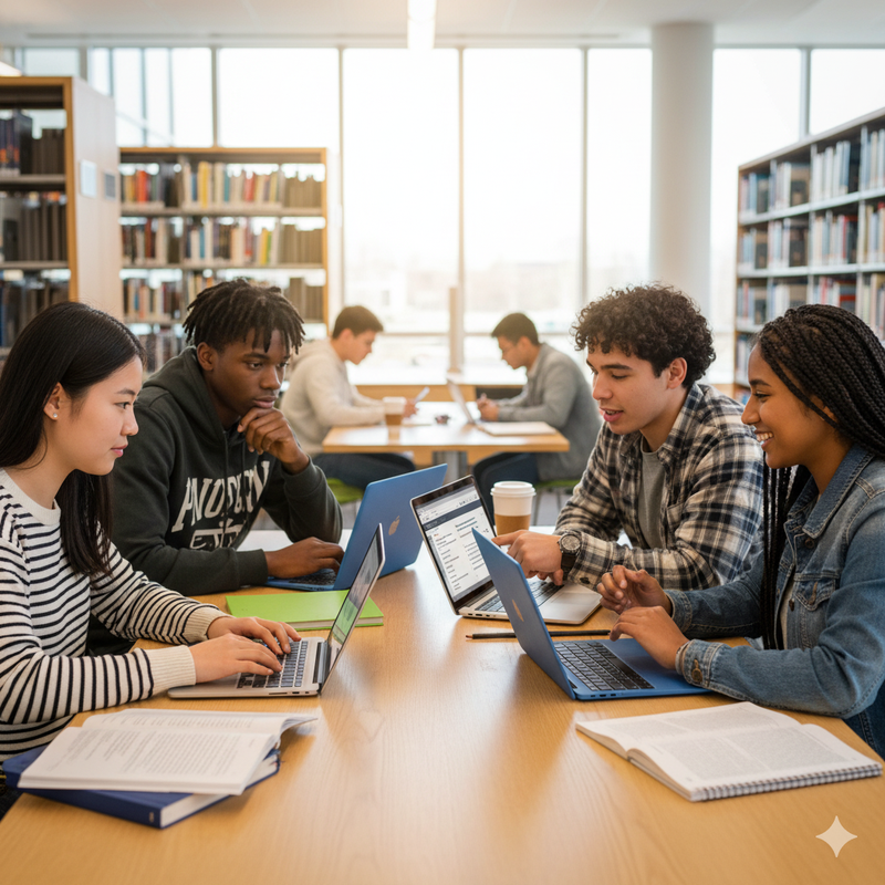 Students sitting around a table with laptops