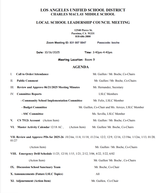 LSLC Meeting Agenda
