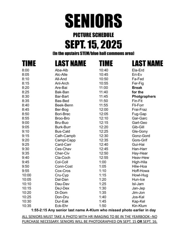 Senior Picture 1st Day Schedule