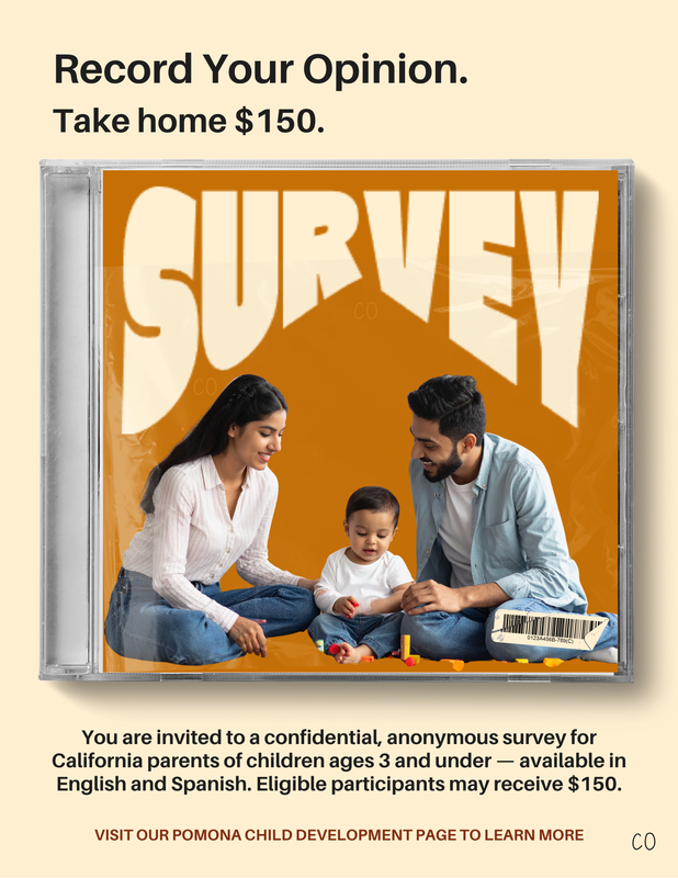 Flyer for survey information. Man, women, and young child.