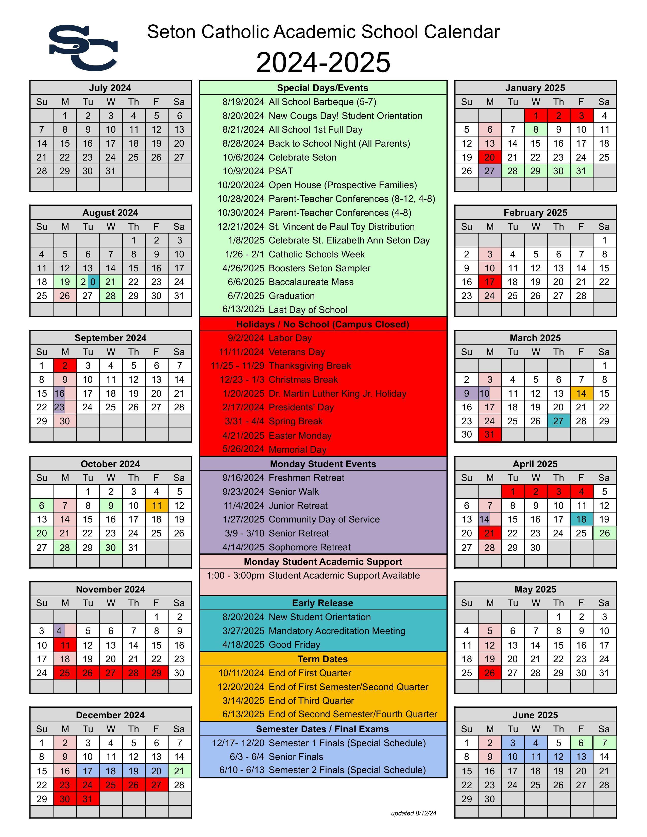 2024 2025 Academic Calendar Bell Schedule 4 Means More Seton