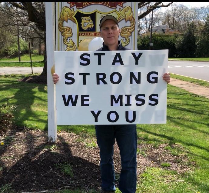 HVRSD Superintendent of Schools holding Stay Strong sign