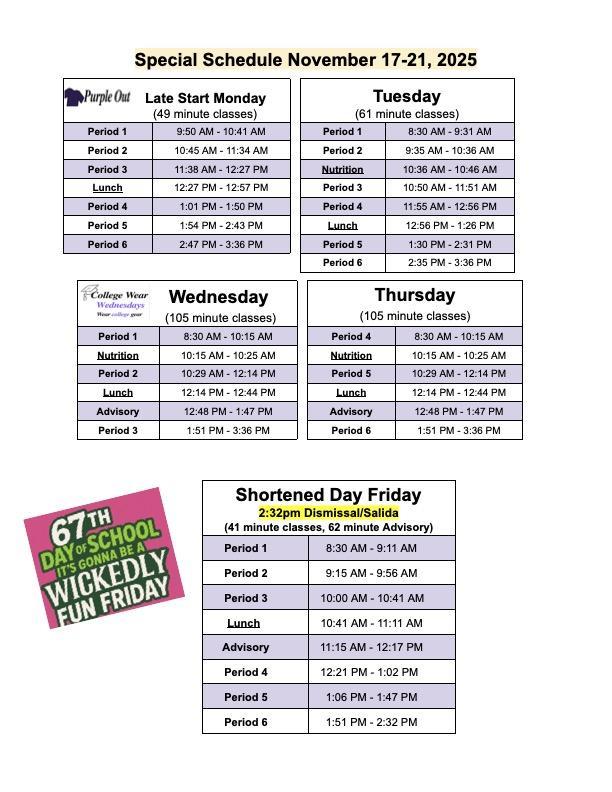 Special Schedule Nov 17-Nov 21