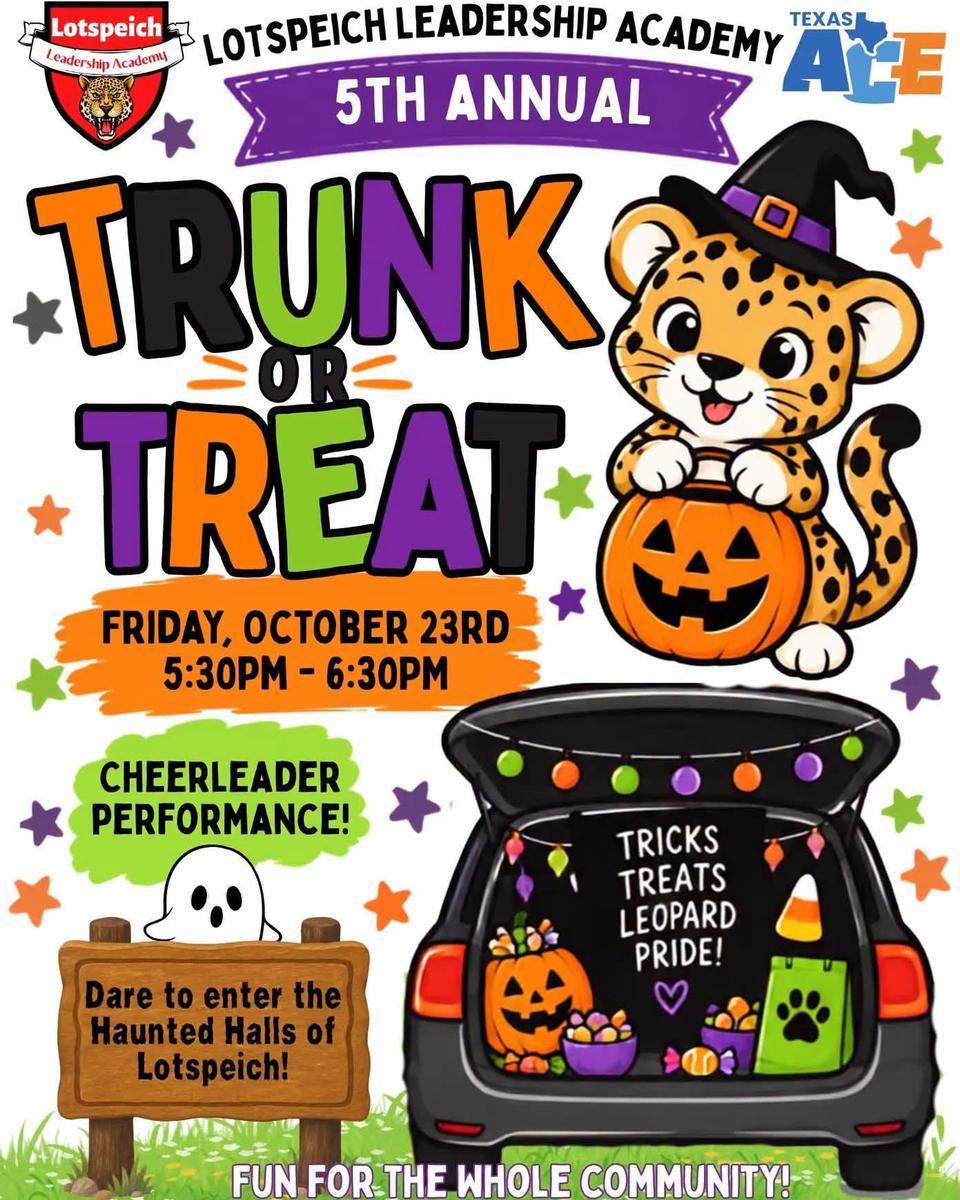 Colorful flyer for Trunk or Treat event featuring a friendly leopard in a witch hat.