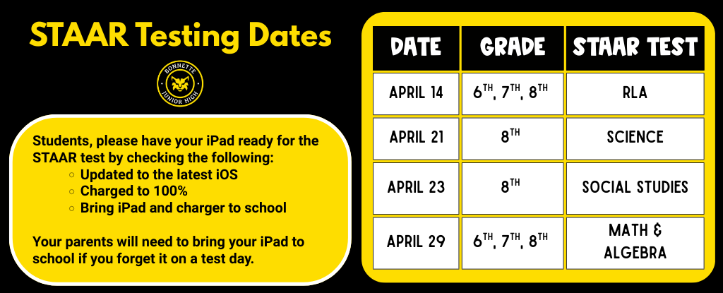 Black and yellow poster with STAAR testing dates and instructions for students.