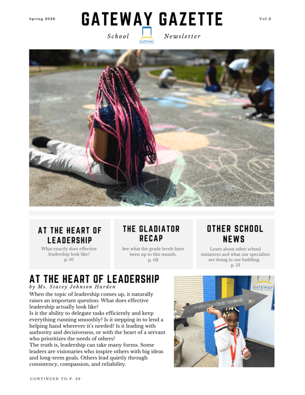 A person sitting on colorful pavement artwork, with newsletter layout above.