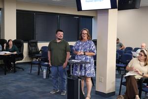 Ms. Debbie Cholette introduces Gavin Ritchie during the Spotlight portion of the Board Meeting. Mr. Ritchie runs the VAJH Ambassadors Program