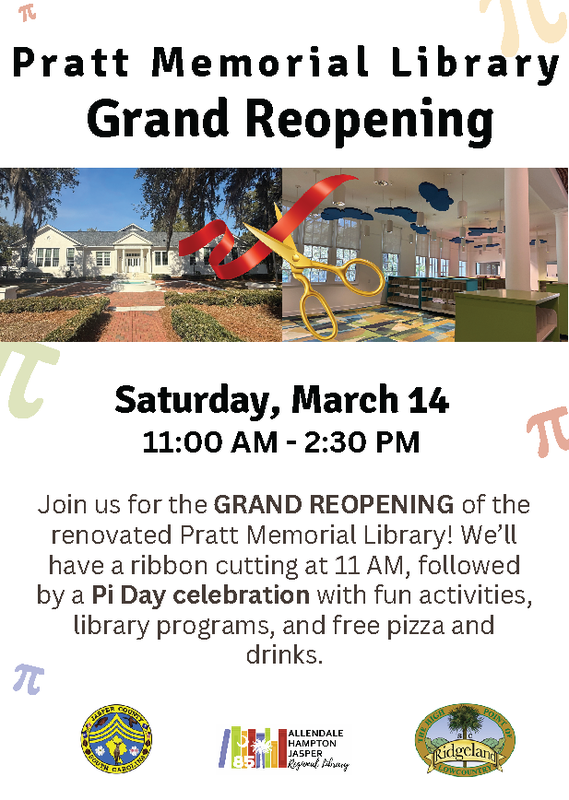 Community News: Pratt Memorial Library Grand Reopening & Pi Day Celebration Featured Photo