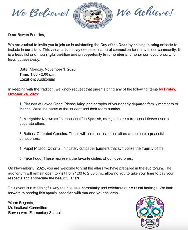 Dia de los Muertos letter re. altars in English