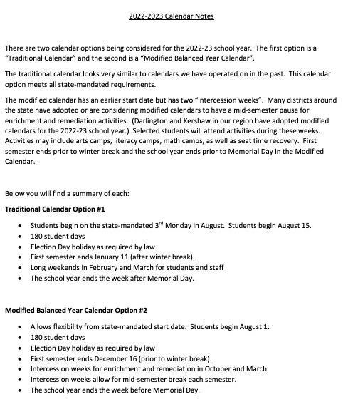 District to consider two possible calendars, seeks public input | Chesterfield  County School District