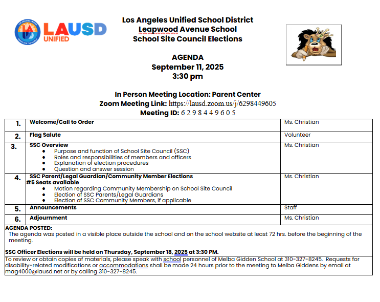 SSC Meeting Agenda 9/11/25