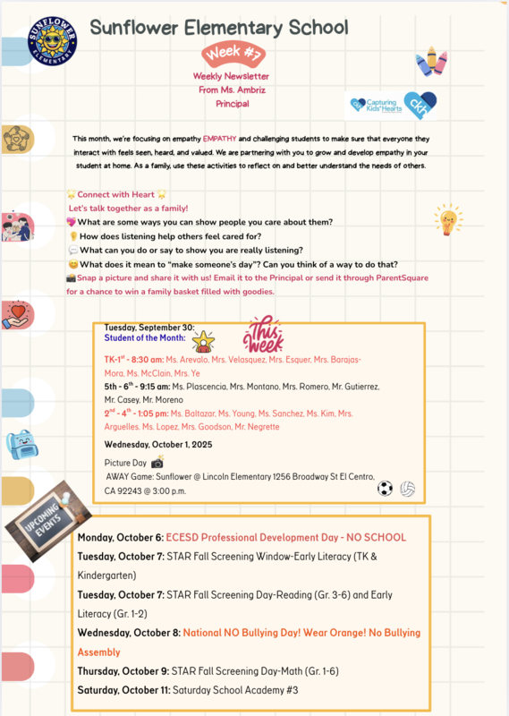 Sunflower Elementary Weekly Newsletter Week #7