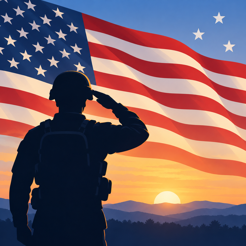 Silhouette of a soldier saluting in front of a large American flag at sunset.