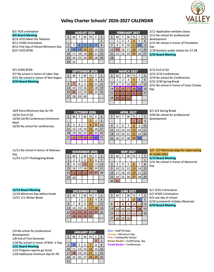 valley charter school instructional calendar 2026-27 in english