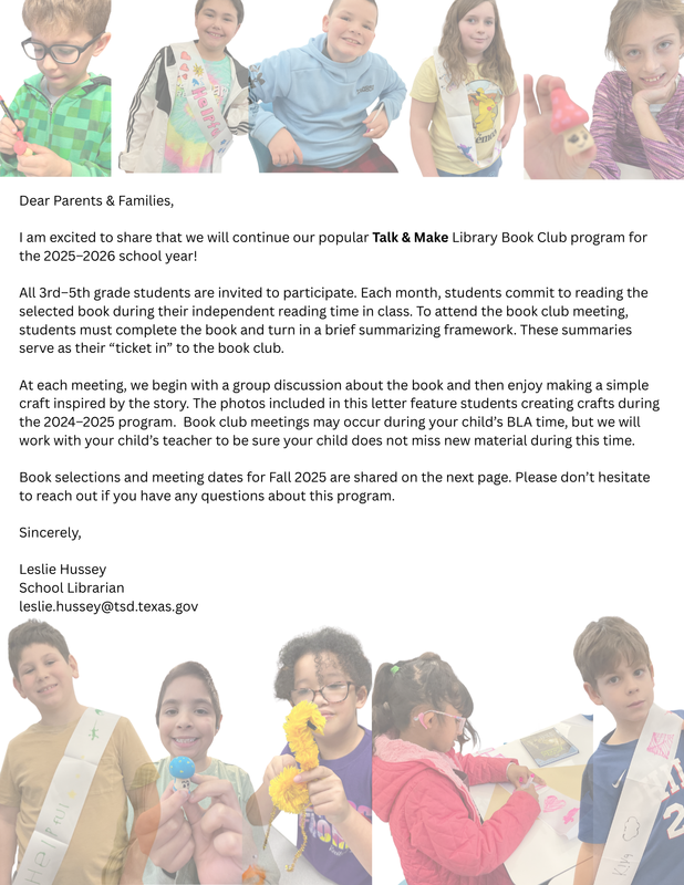 Talk & Make Book Club info for 3rd–5th graders, 2025–2026, with monthly books, discussions, and crafts.