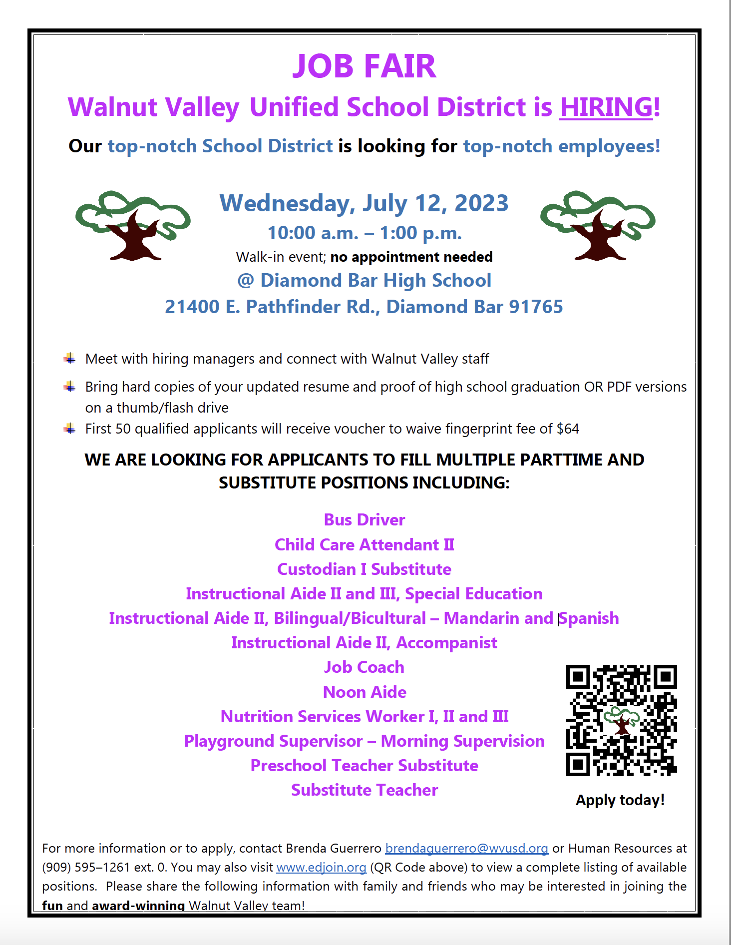 We're Hiring! Walnut Valley Unified School District