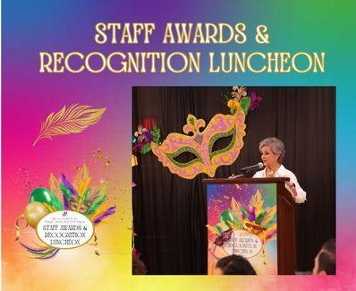 Staff Award Madi Gras theme photo with Ms. Pena