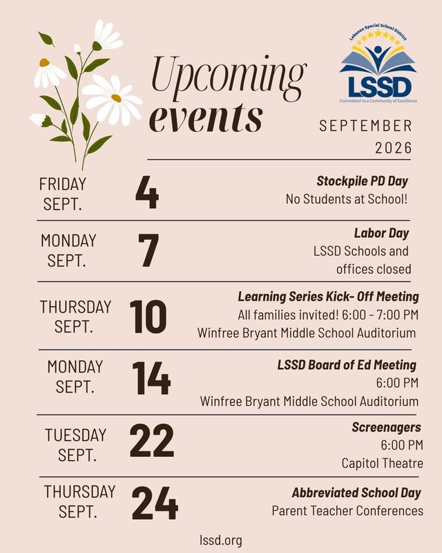 white daisies with green stems in left corner followed by list of dates and events in September