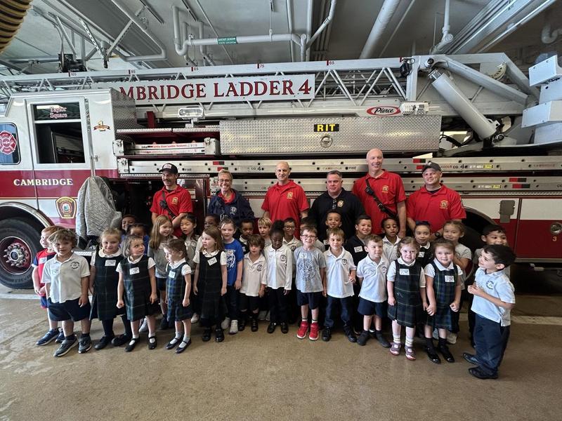 SPS Students with Fire Department in front of truck