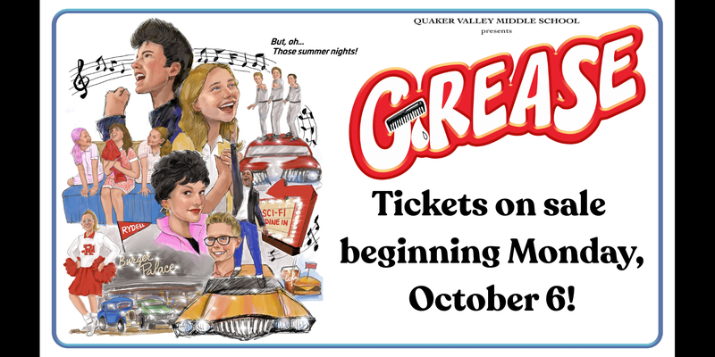 Image depicts a sketch of a poster for QVMS's Grease production. Images are sketches of characters played by MS students.