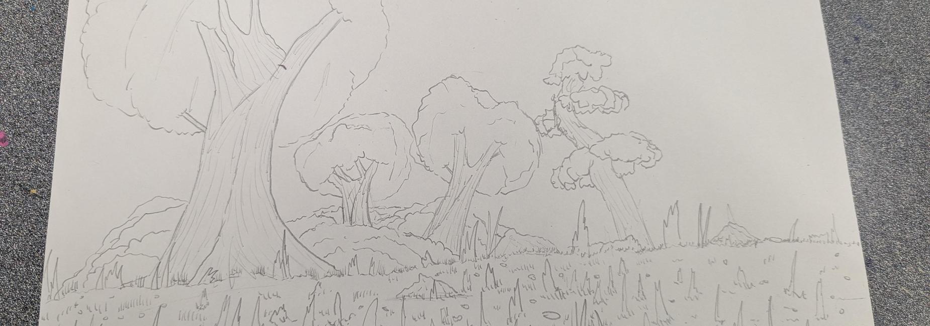 Sketch of a forest scene with large trees and bushes in the background.