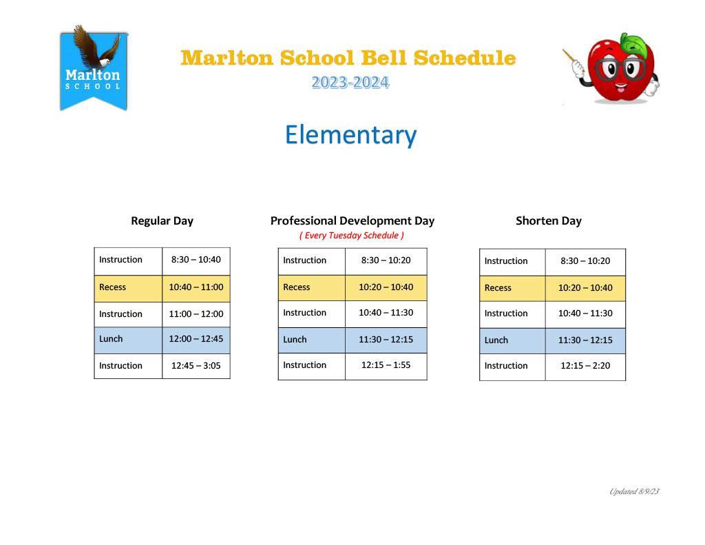Elementary Bell Schedule Academics And Bell Schedule Marlton School