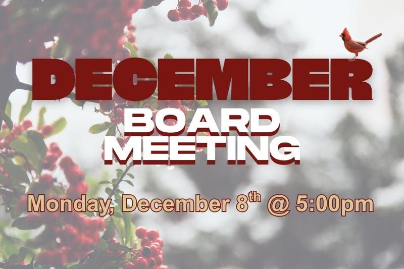 December board meeting graphic with snow, berries, and a cardinal bird