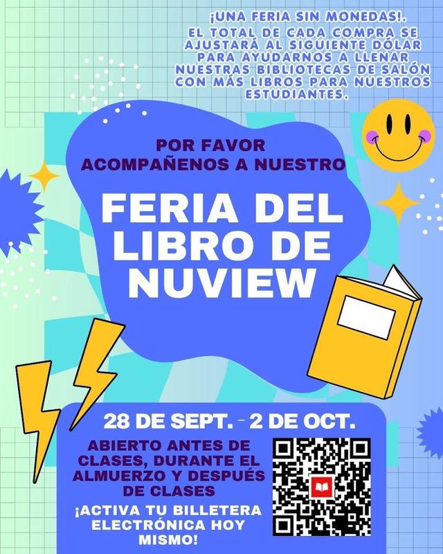 Feria del Libro Nuview, 28 sept–2 oct. Evento sin monedas. Código QR para billetera.