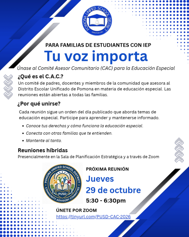Join Us! Community Advisory Committee (CAC) for Special Education Meeting - Spanish Text