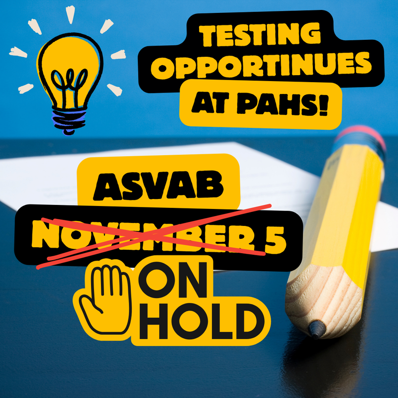 yellow pencil and lightbulb graphic with black and yellow text indicating that the ASVAB for November 5 is currently on hold