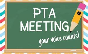 A chalkboard displaying "PTA MEETING" with a pencil and the text "your voice counts!"