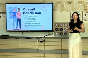 A presenter discusses effective policies in an educational setting with a visual aid.
