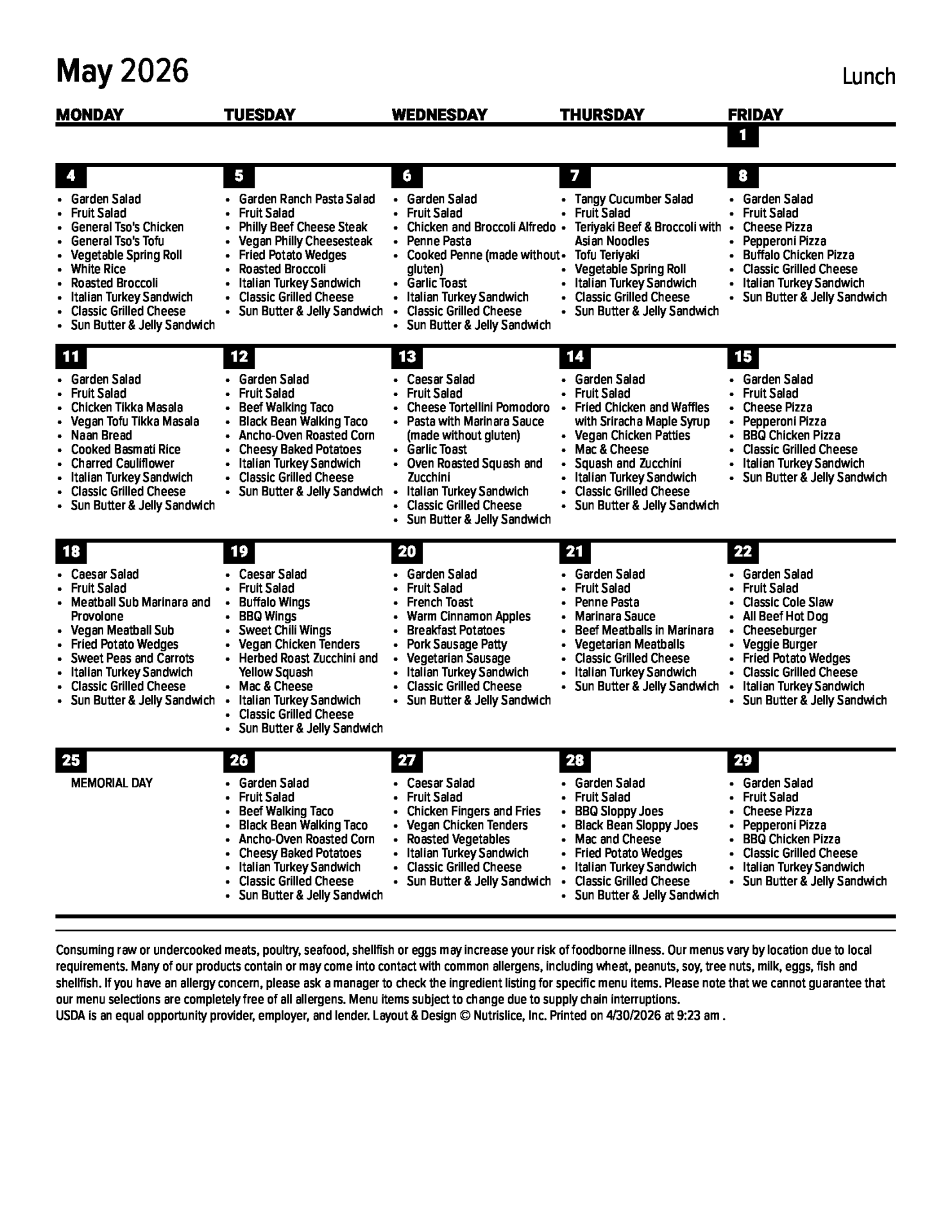 May 2026 Lunch Menu