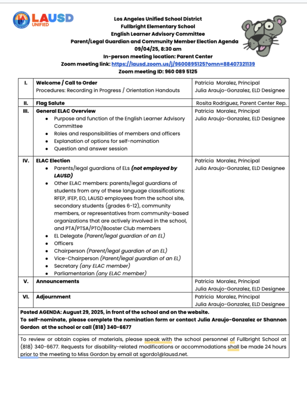 English Learner Advisory Committee Parent/Legal Guardian and Community Member Election Agenda Featured Photo