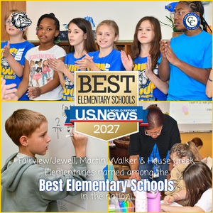 Students celebrating the announcement of best elementary schools award in a classroom.