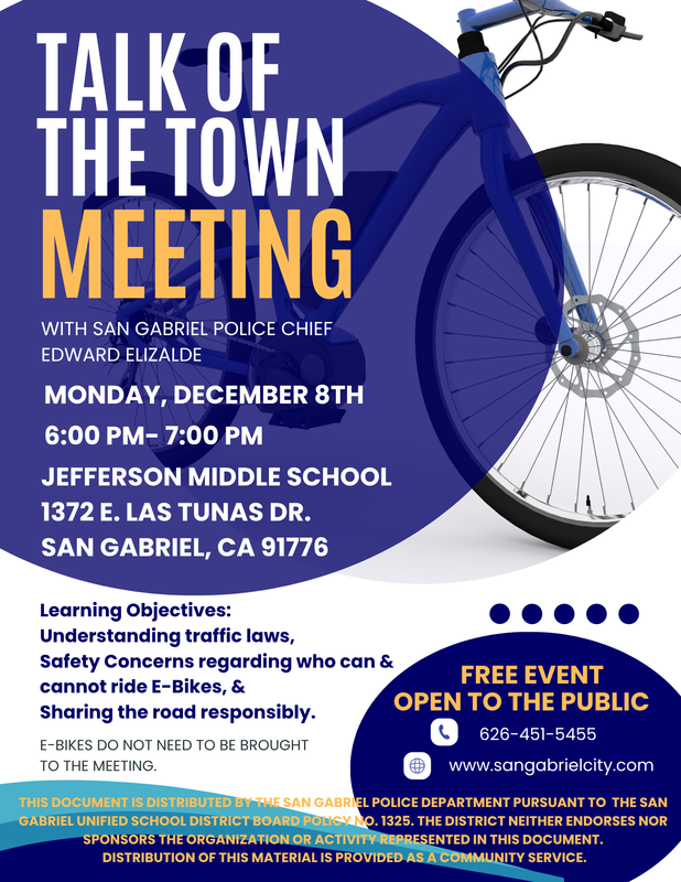 Announcement for a town meeting featuring a blue bike and details on topics and location.