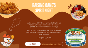 Graphic with Raising Cane's logo and informationa about spirit night