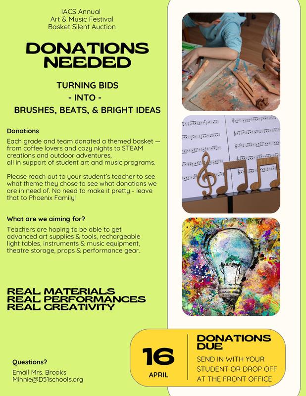 We are looking for donations for the auction baskets for the silent auction that occurs during the art and music show in May.